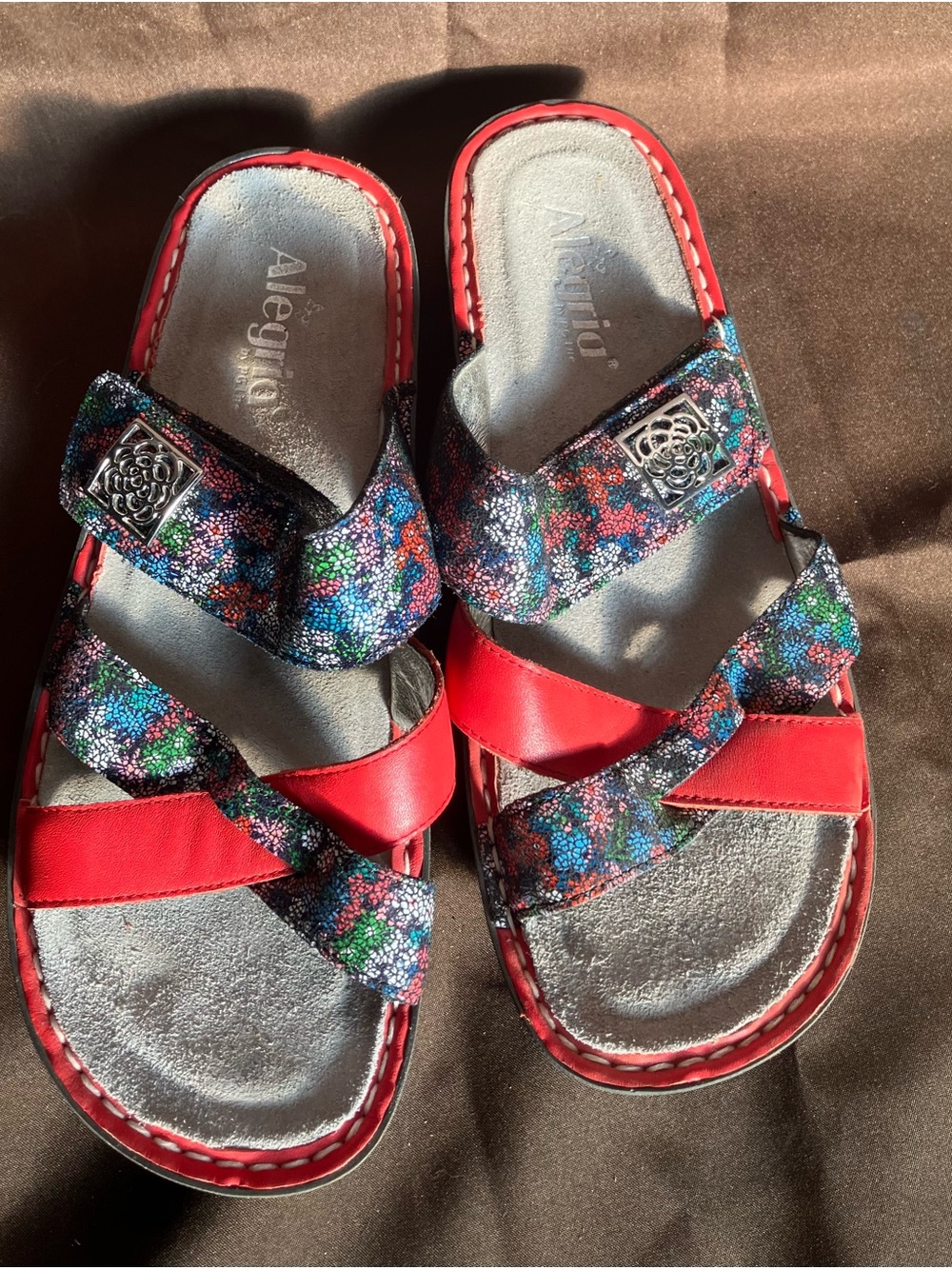 Alegria Red Multicolor Floral Cross-Strap Sandals